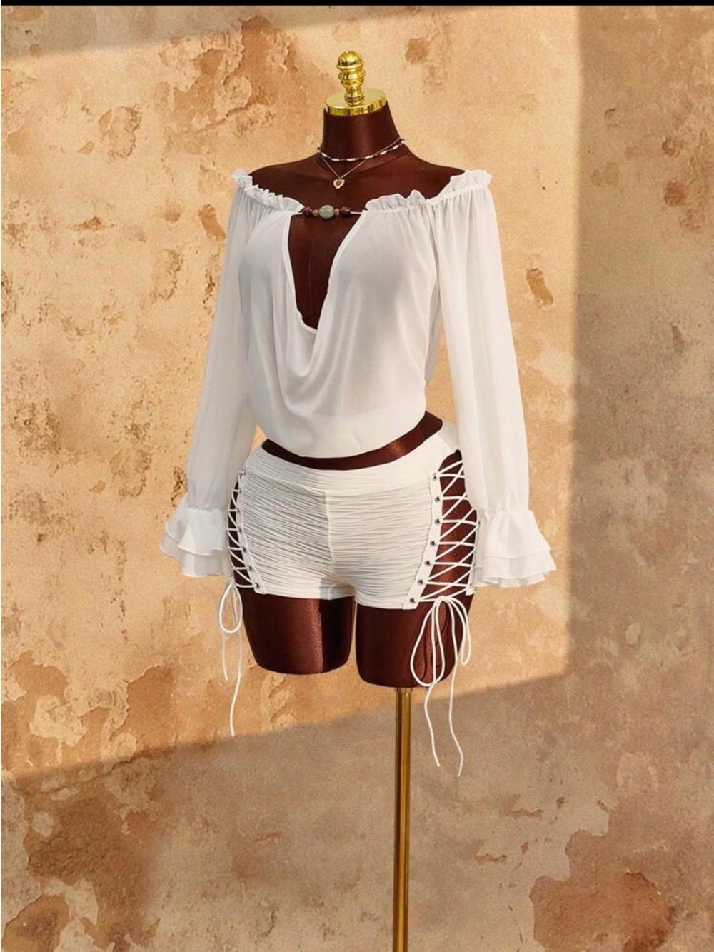 Off-Shoulder White Long-Sleeve Blouse with Deep V